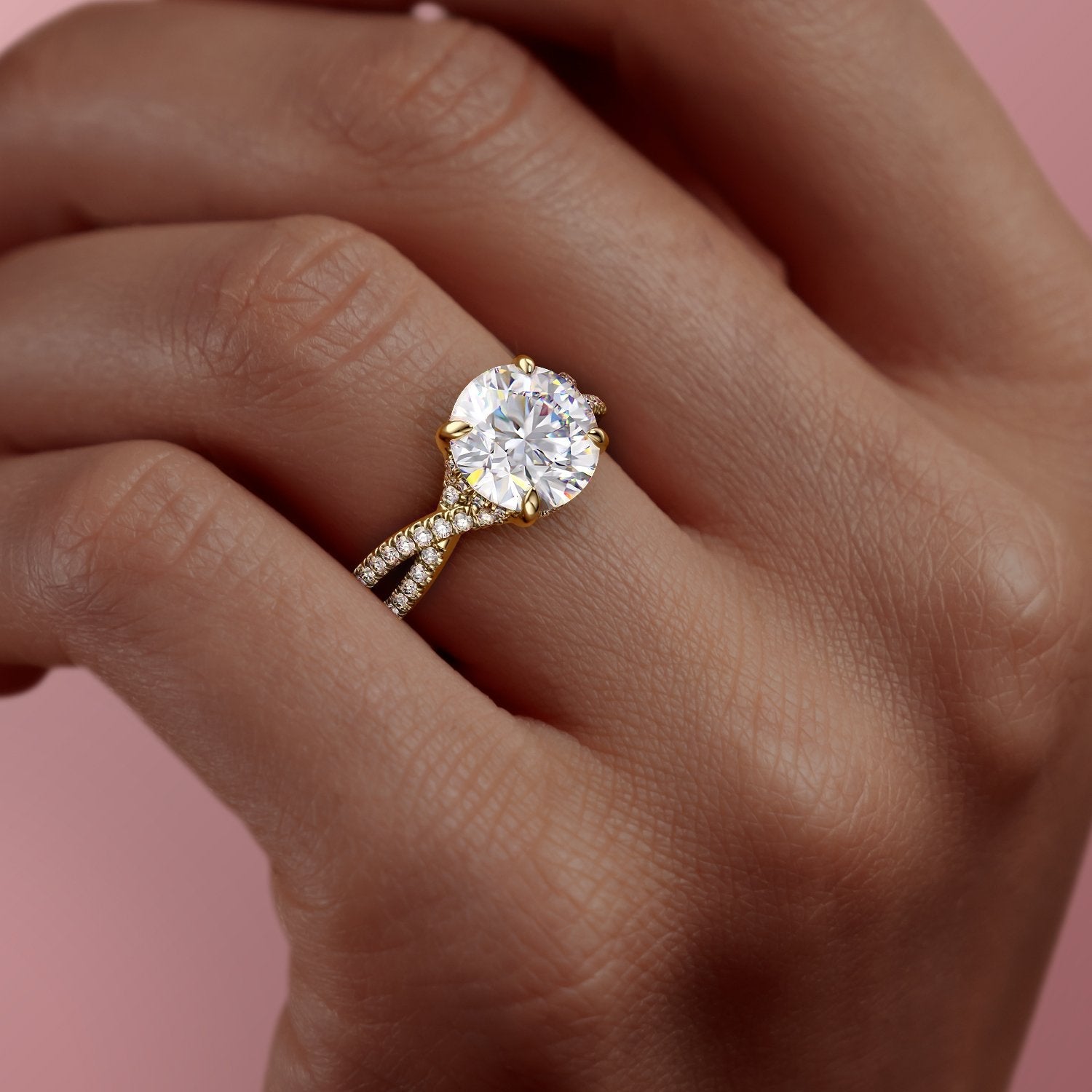 Round Cut Lab Diamond Engagement Ring, Twisted Stone Set Shoulders