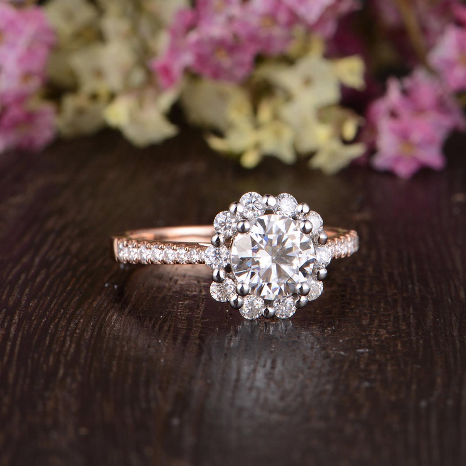 Round Cut Lab Diamond Engagement Ring, Vintage Halo Design