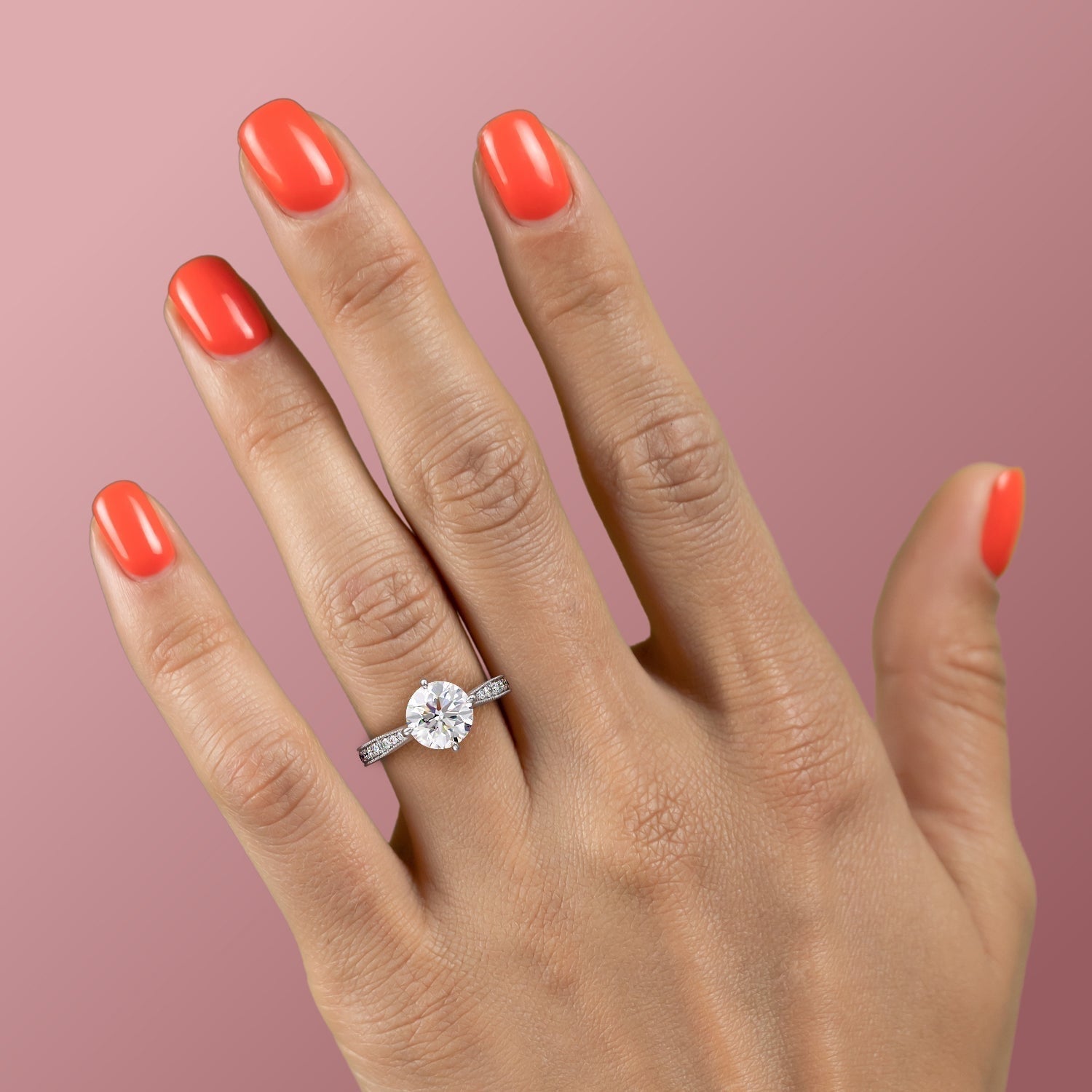 Round Cut Lab Diamond Stone Set Shoulders With Milgrain Edge
