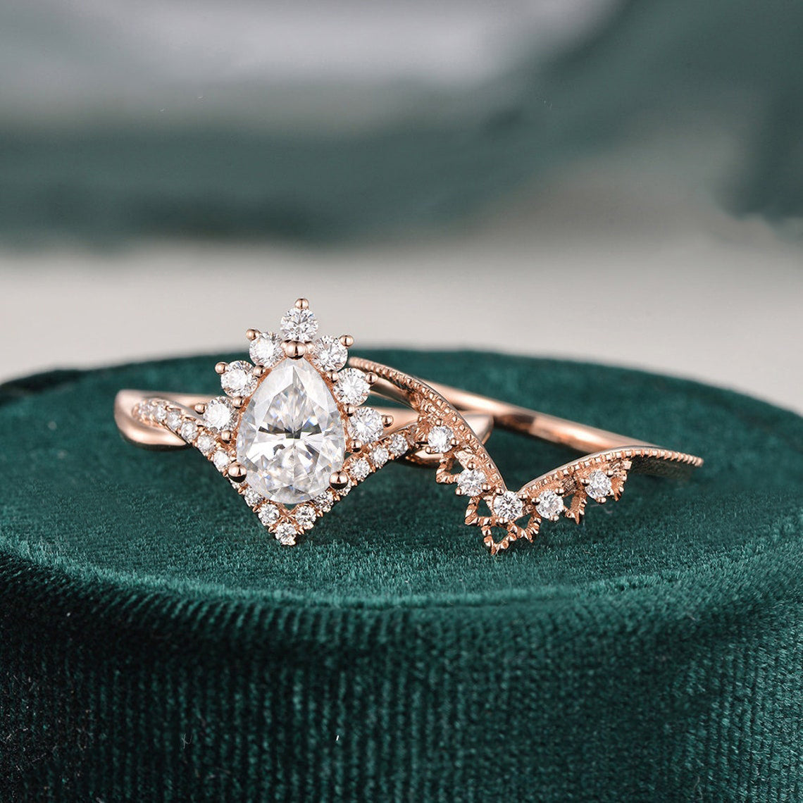 Vintage Style Bridal Ring Set, Oval Cut Center Stone