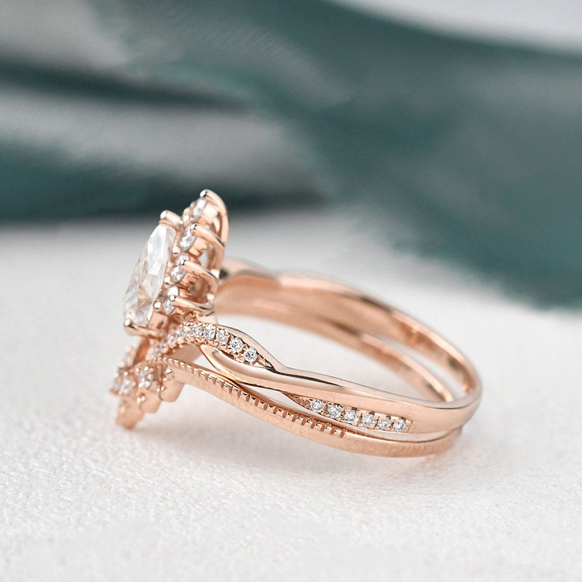 Vintage Style Bridal Ring Set, Oval Cut Center Stone