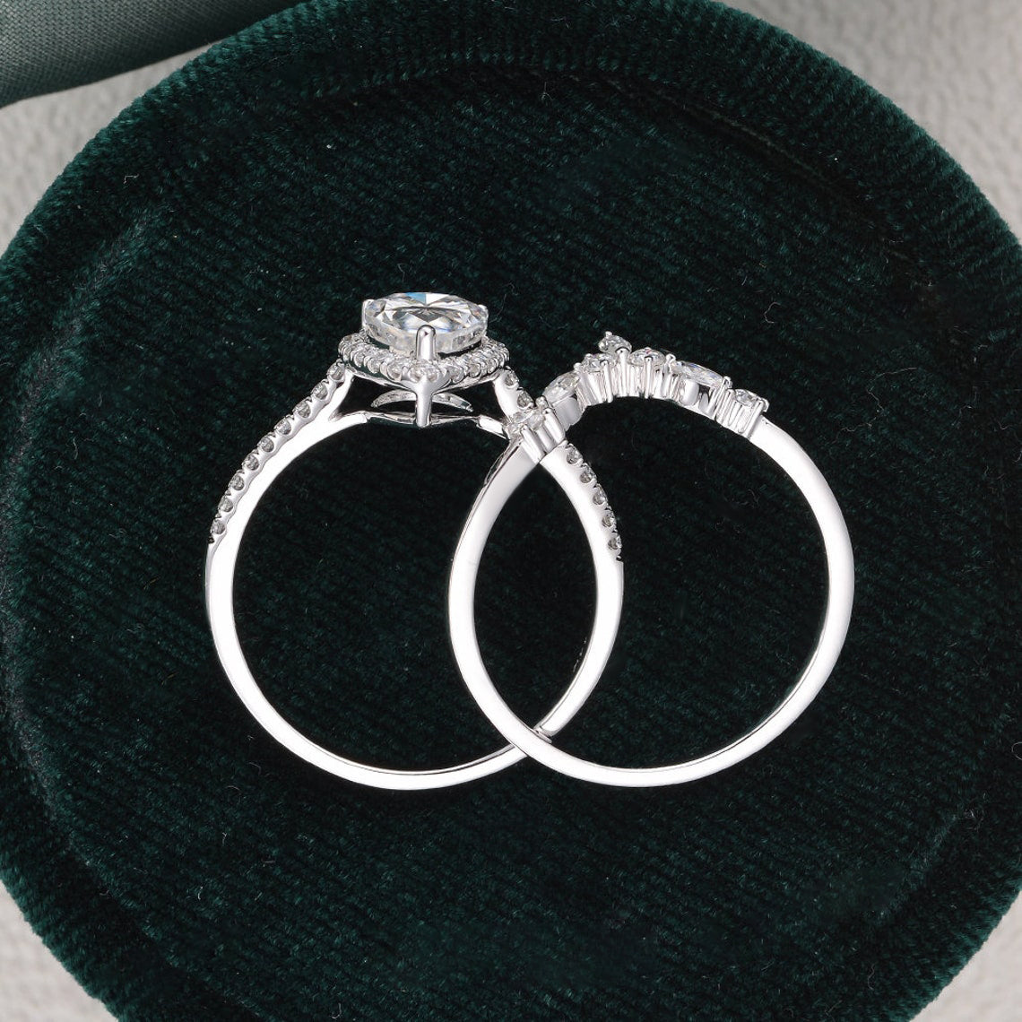 Vintage Style Bridal Ring Set, Pear Cut Center Stone